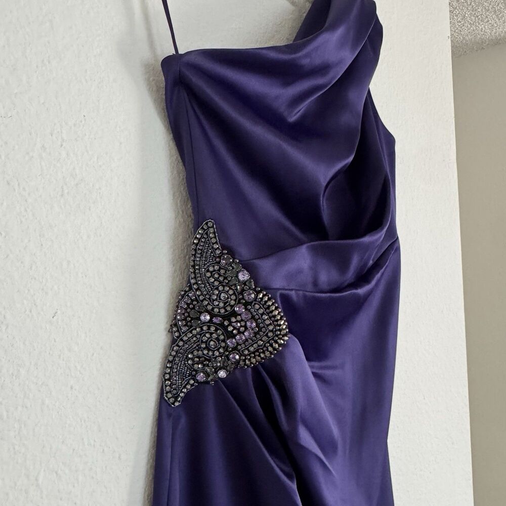 Eliza J Stretch Satin One Shoulder Cocktail Formal Dress Purple Sz 2 Embellish - Picture 7 of 16